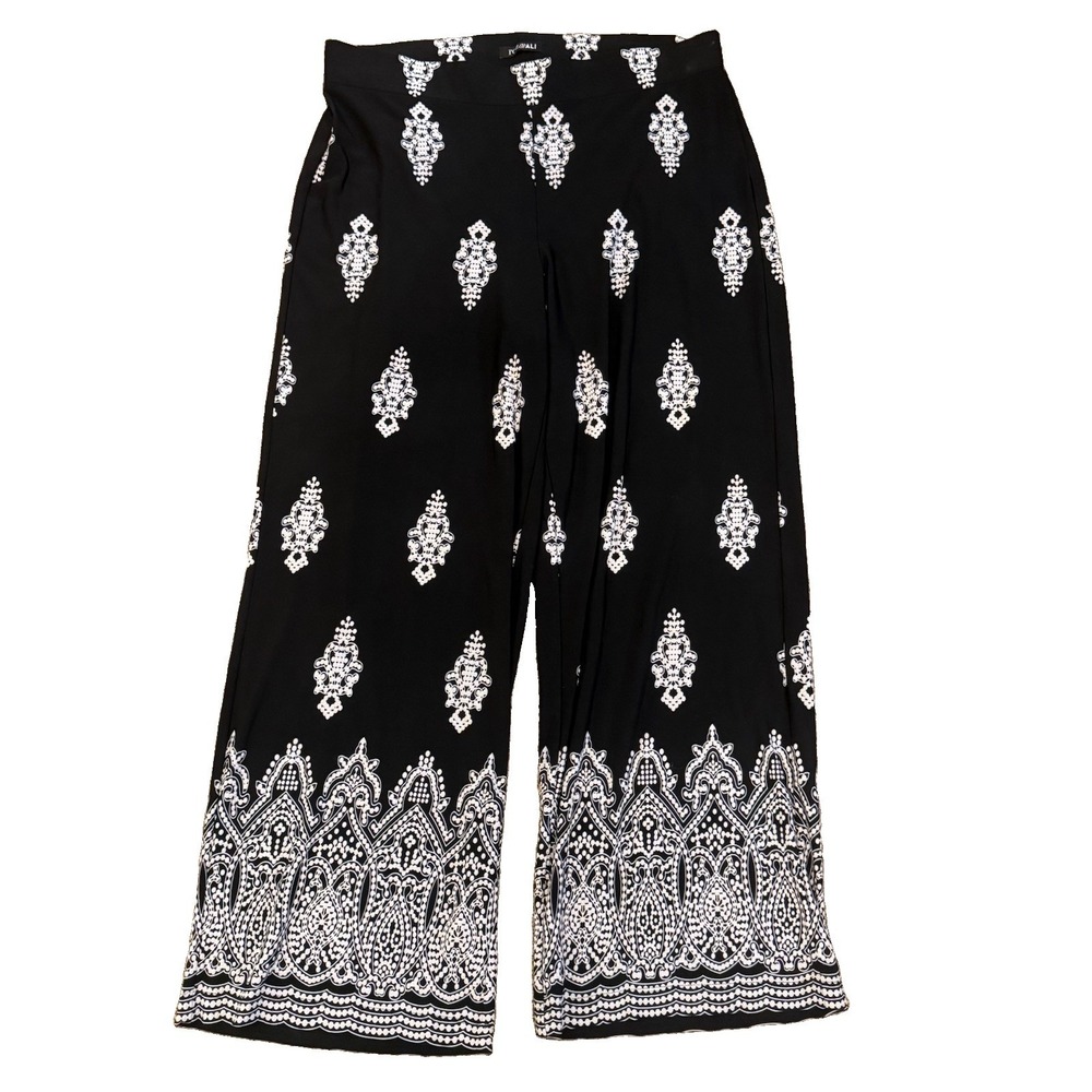 Roz & Ali Boho Pull On Wide Leg Palazzo Pants Black White Paisley Medallion 1X
